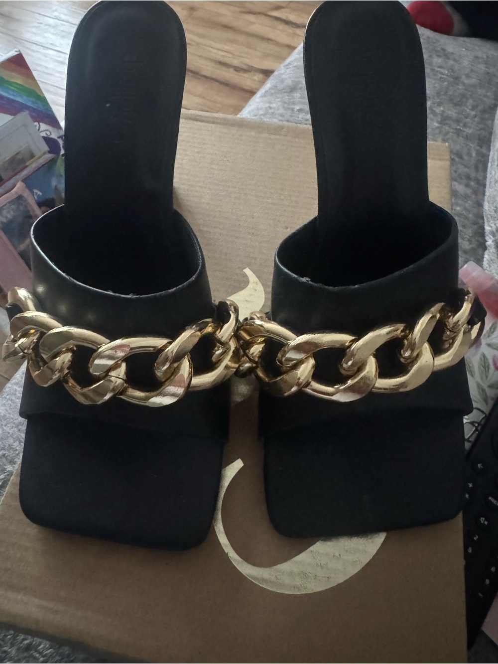 Charlotte Russe Black Slide Mules with Gold Chain Accent